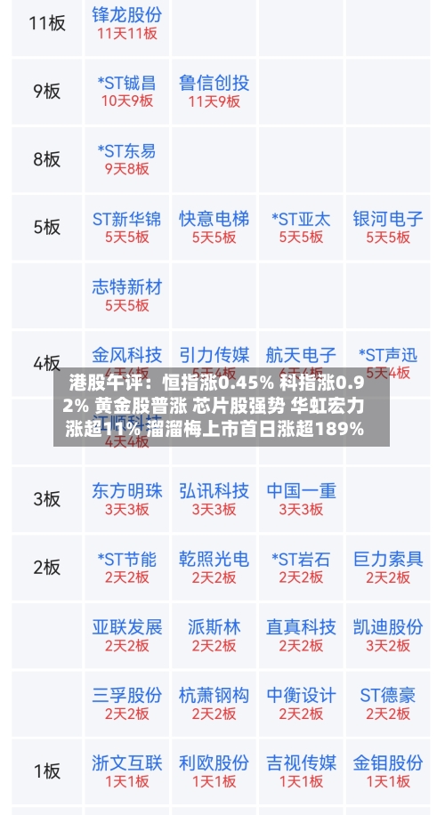 港股午评：恒指涨0.45% 科指涨0.92% 黄金股普涨 芯片股强势 华虹宏力涨超11% 溜溜梅上市首日涨超189%-第2张图片