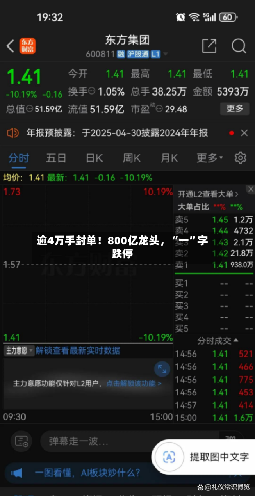 逾4万手封单！800亿龙头，“一”字跌停