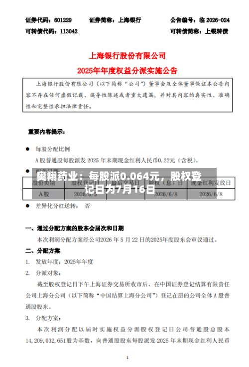 奥翔药业：每股派0.064元，股权登记日为7月16日-第1张图片