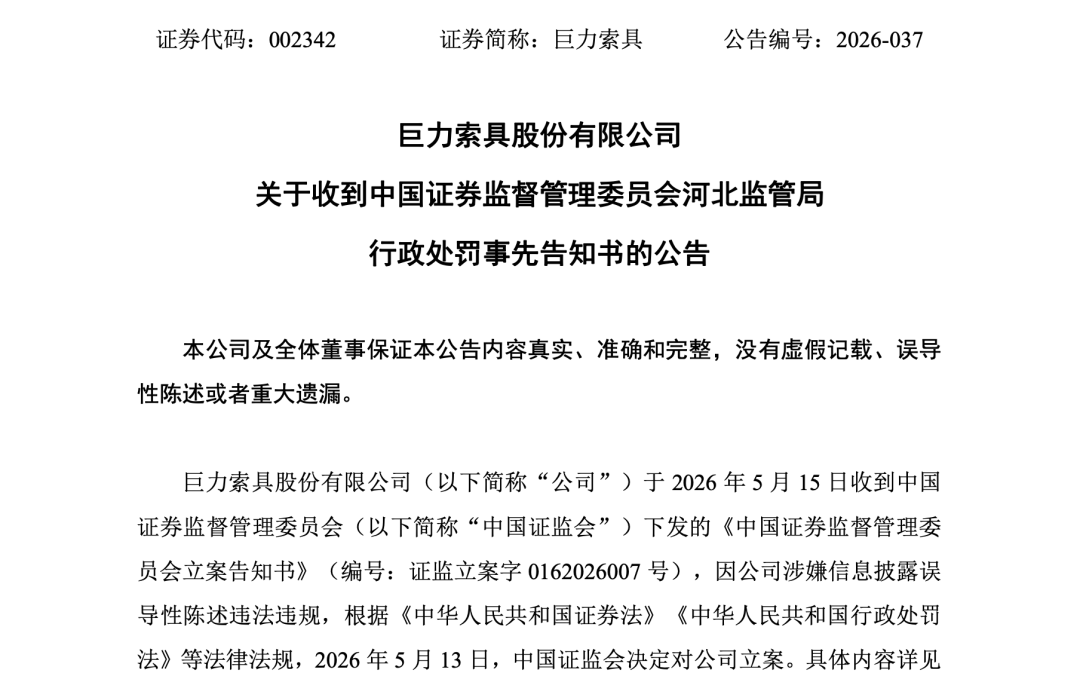 巨力索具	，高额罚单来了