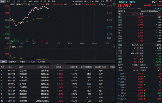 深V反转，华宝基金农牧渔ETF（159275）盘中暴拉涨超3%！猪周期拐点将至？