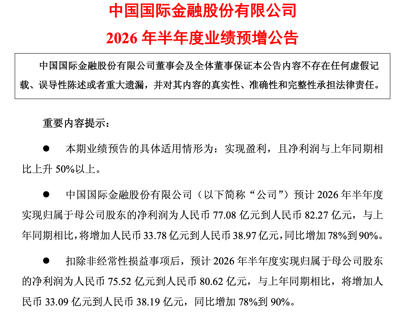 中金公司预告半年净利润不低于77亿	，同比增幅超78%